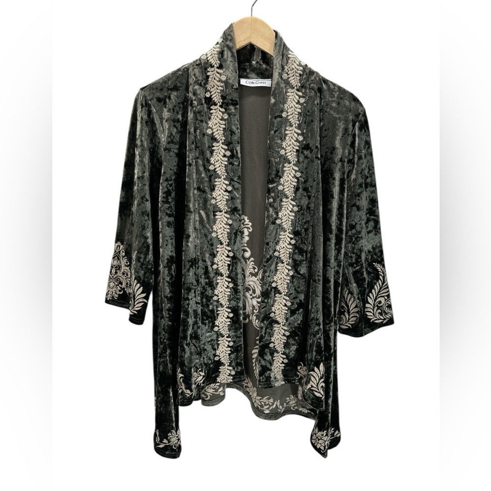 Coin Gypsy Embroidered Velvet Kimono Jacket Boho Western Glam Mystic Festival S - Picture 2 of 8